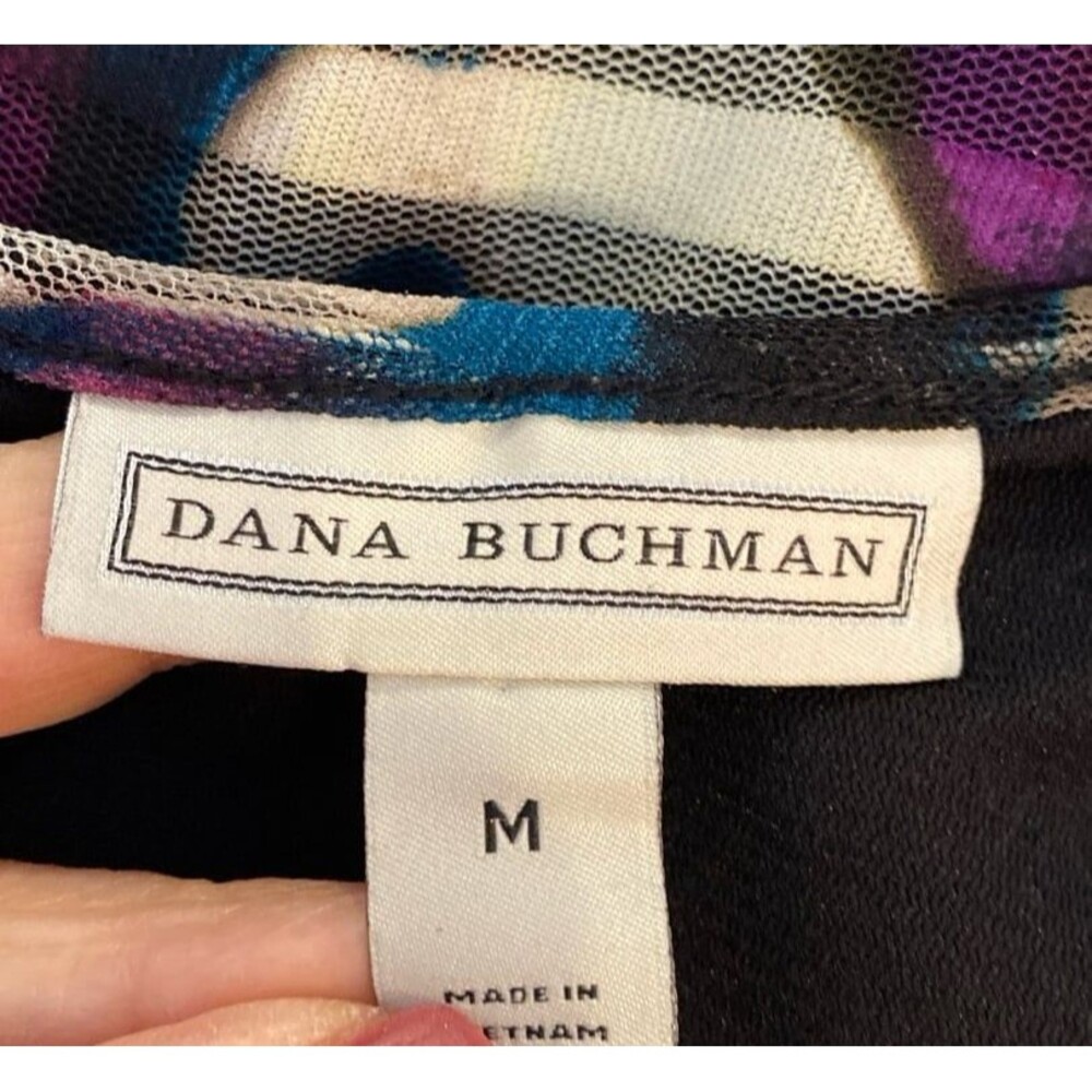 Dana Bachman Blouse Sz Medium Top Sheer Overlay Purple Green Black Rounded Neck - Picture 7 of 12